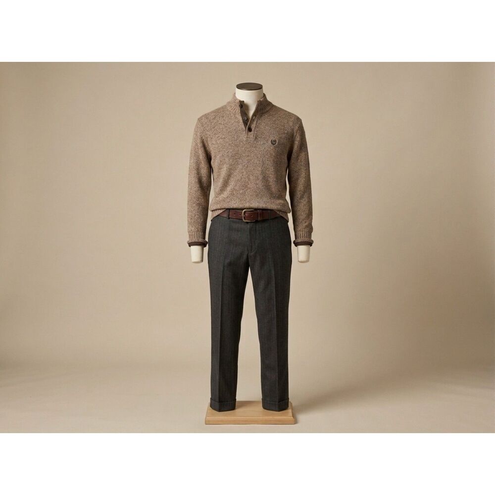 CHAPS Ralph Lauren Brown Heather Henley Sweater Elbow Patches Knit Mens Large L